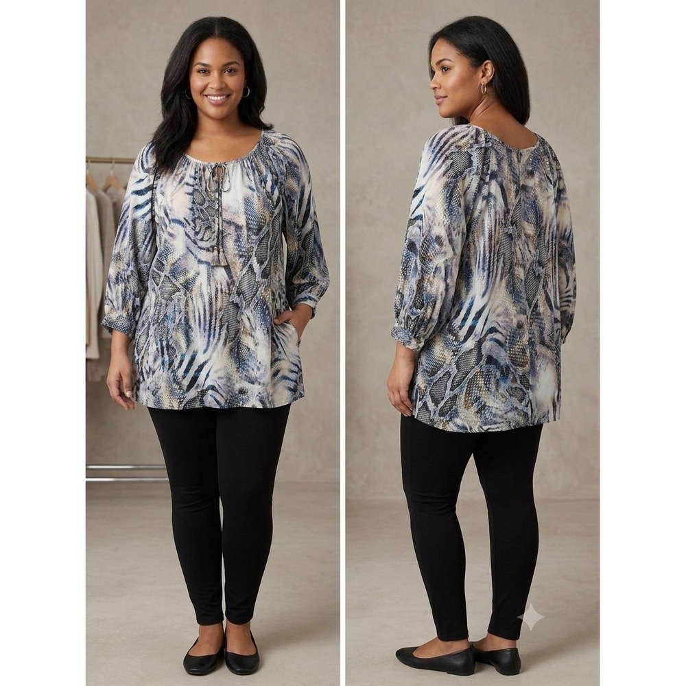 NWOT‎ Karen Kane Snakeskin Print Blouson Top Tunic Sz 2X Peasant Eclectic Casual